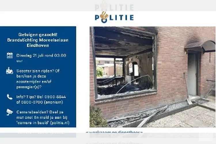 Getuigen en camerabeelden gezocht brandstichting Moreelselaan Eindhoven